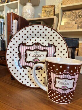 Vintage Trisa Chocolate Themed Polka Dot Mug & Plate Set